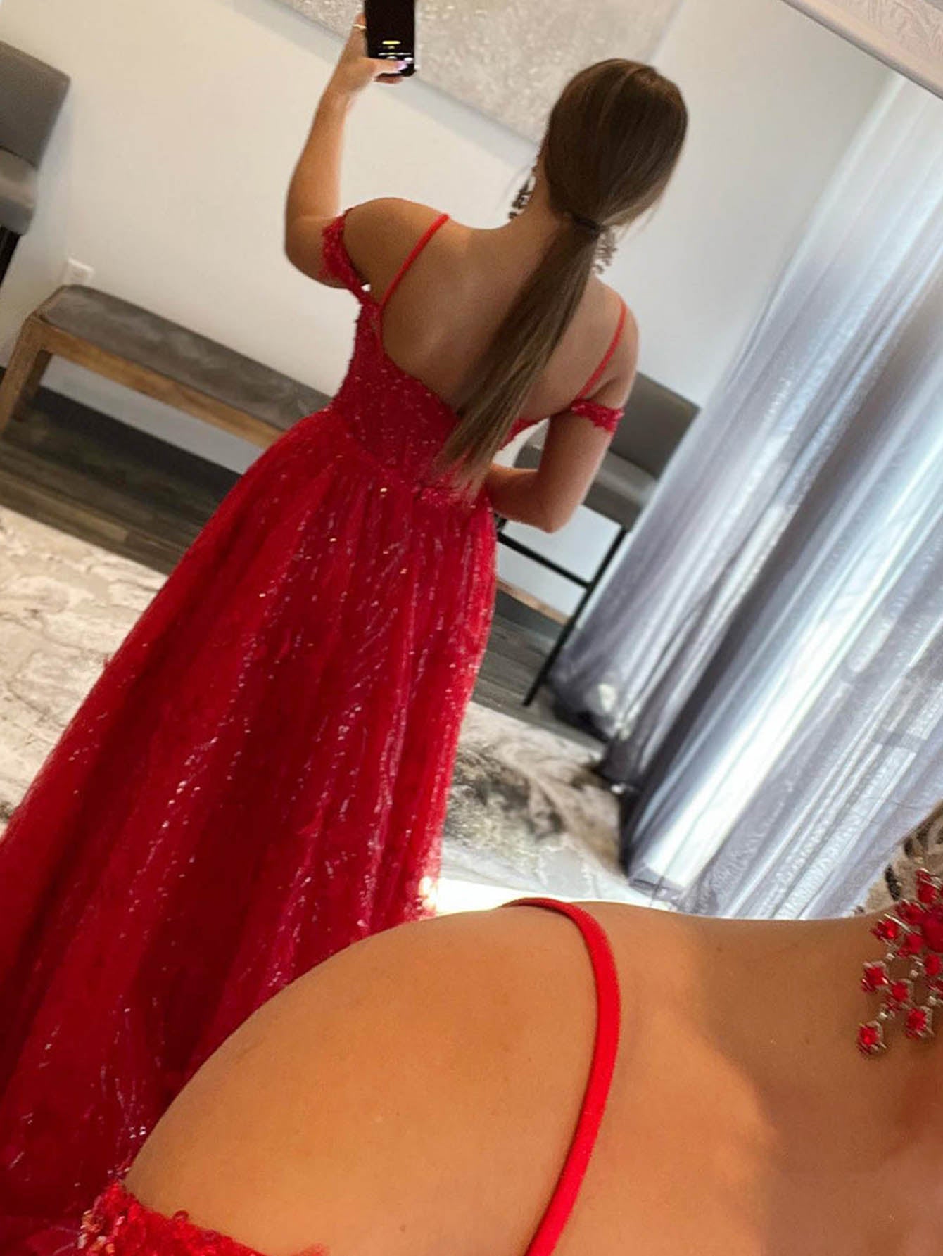 Luolandi A Line Off The Shoulder Sequin & Lace Sweep Train Prom Dresses With Slit Sexy Evening Dresses